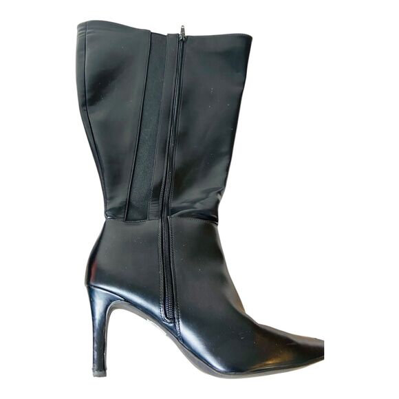 Womens Wide Calf Side Zip Pointed Toe Faux Leather Black Moto Boots US 8.5W - Picture 5 of 14